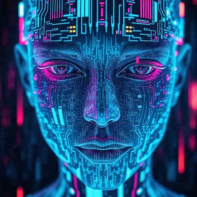 The primary subject of the image is a close-up of a woman's face, with a blue and purple color scheme. The setting is a futuristic environment, possibly a digital art or illustration. The visual style is a combination of photo and digital art, creating a unique and intriguing appearance. The colors and mood convey a sense of technology and advanced aesthetics.